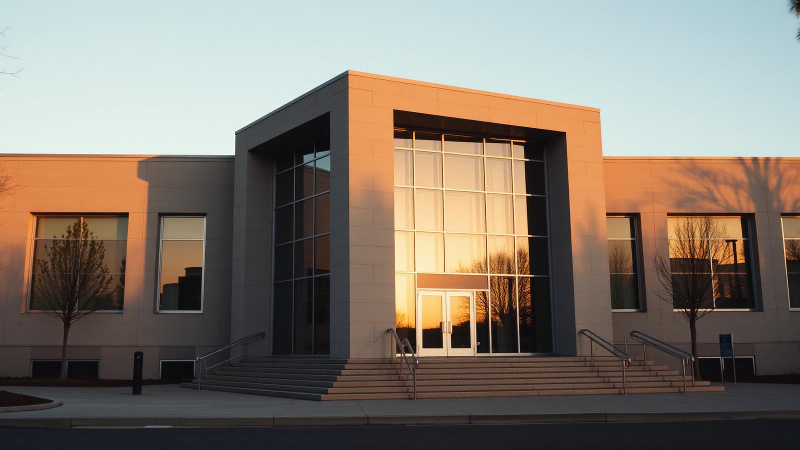 Public building entrance at dusk
